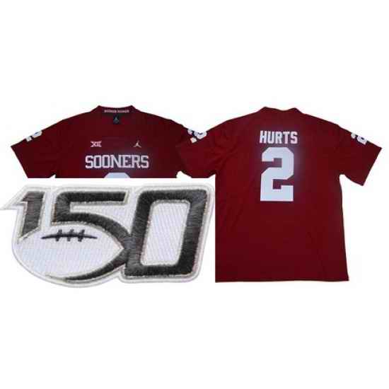 Oklahoma Sooners 2 Jalen Hurts Red College Football Stitched 150th Anniversary Patch Jersey